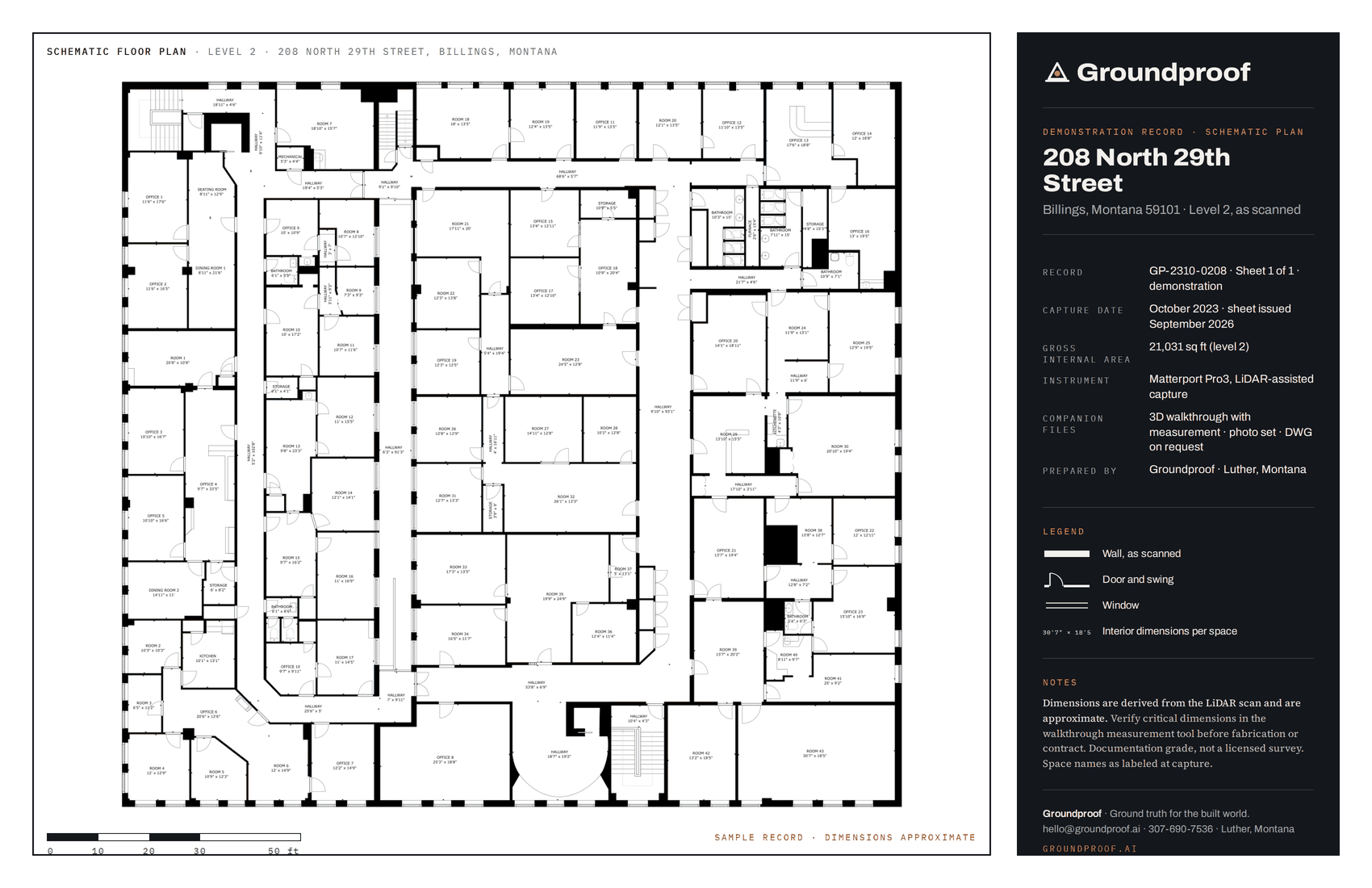 Groundproof sample sheet: schematic floor plan of Level 2, 208 North 29th Street, Billings, 21,031 square feet, with title block, legend, and scale bar